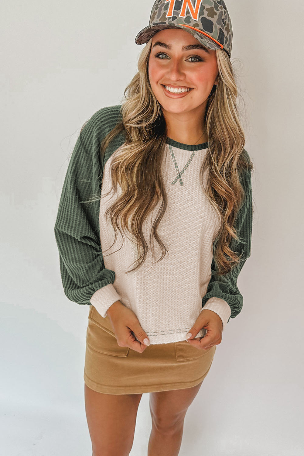 Camel Waffle Color Block Raglan Sleeve Top