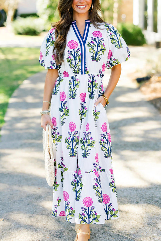 White Floral Puff Short Sleeve V Neck High Waist Maxi Dress