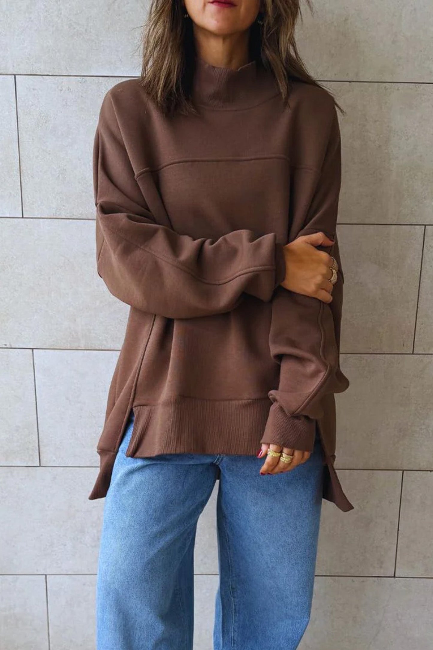 Coffee Solid Color Oversized Mock Neck Split Hem Tunic Sweatshirt