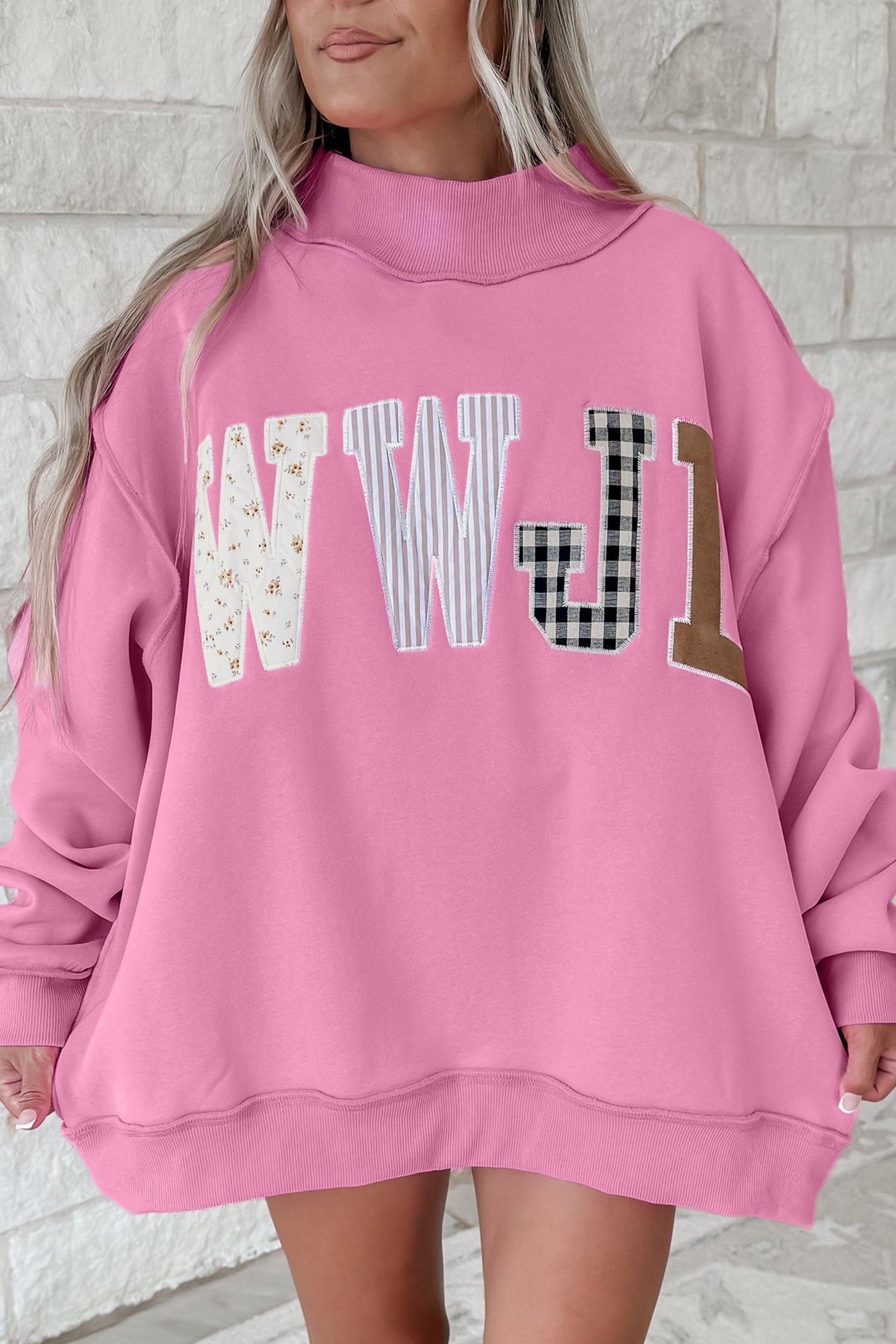 Gray WWJD Mixed Pattern Embroidered Patch Graphic Mock Neck Sweatshirt