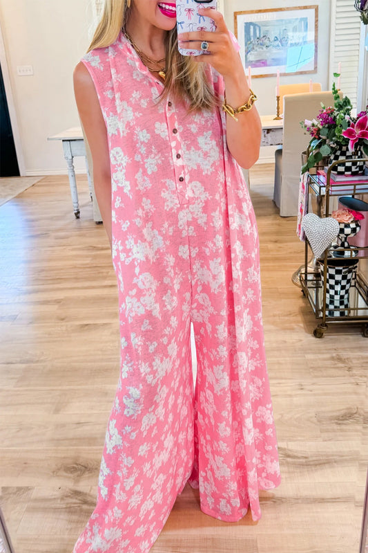 Pink Floral Print Sleeveless Wide Leg Jumpsuit