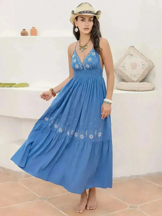 Printed Halter Neck Maxi Dress - Flowy Viscose Vacation Style | Femstylo