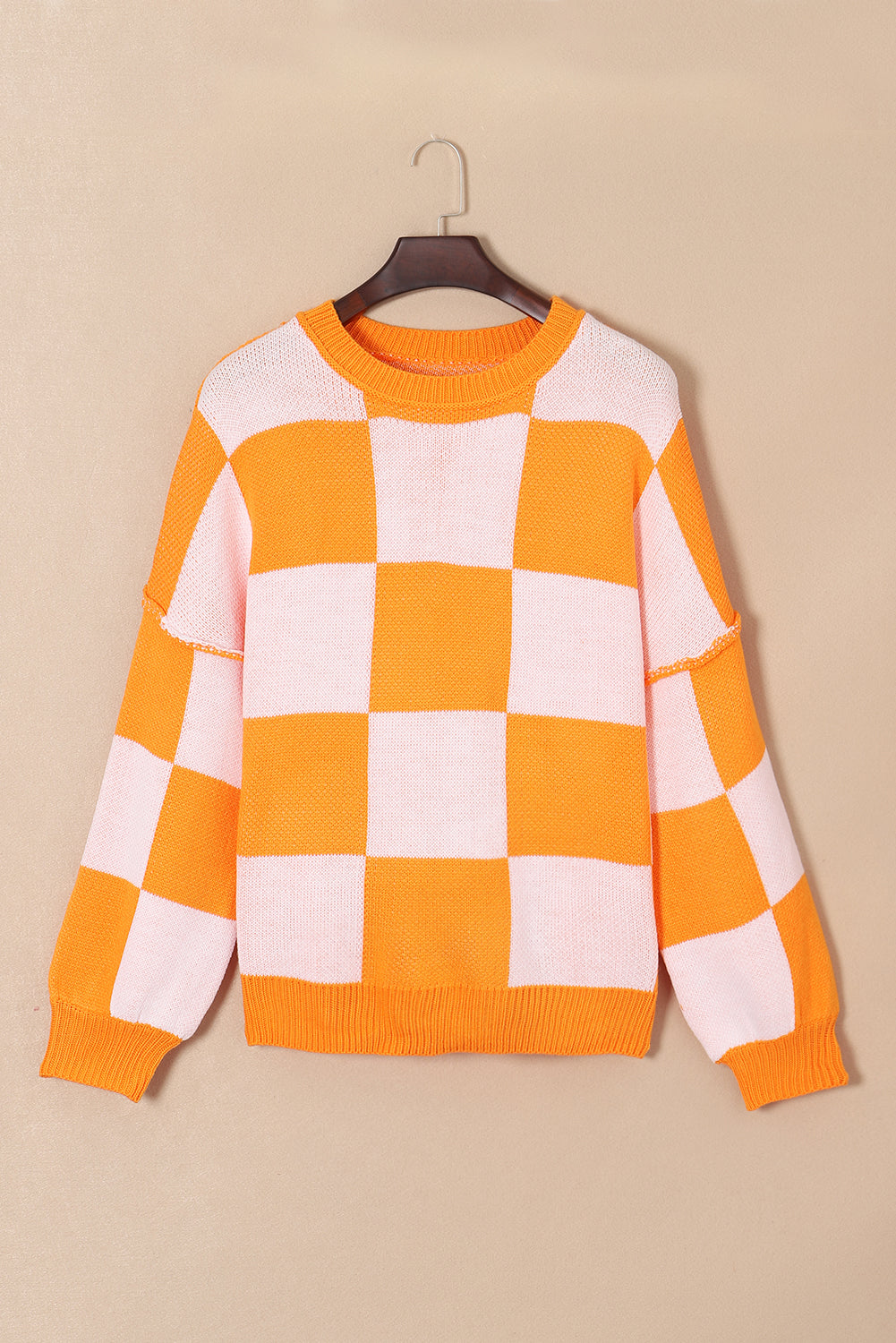 Dark Brown Plaid Bishop Sleeve Pullover Sweater