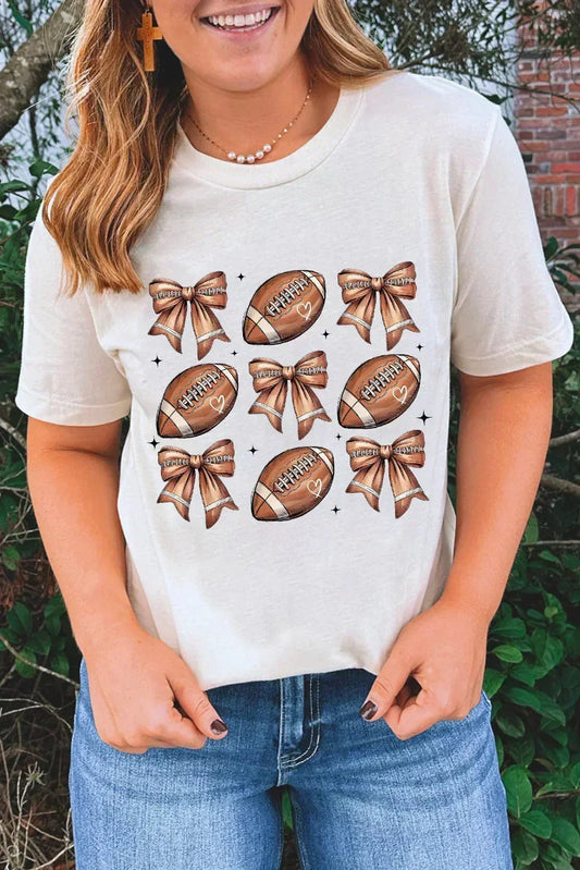 White Rugby Fashion Bow Print Graphic T Shirt