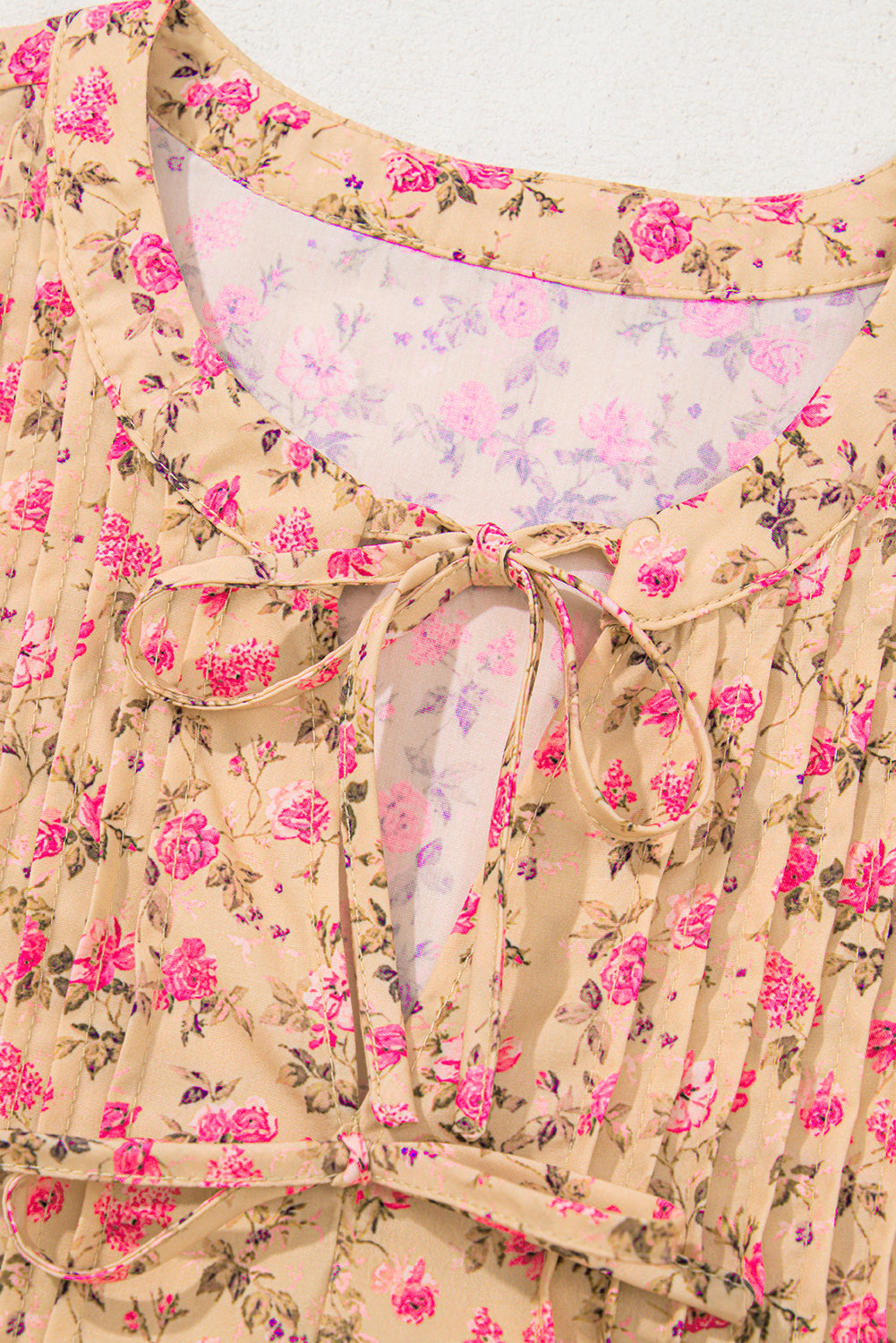 Light French Beige Floral Print Bow Pintuck Bust Half Puff Sleeve Blouse Top