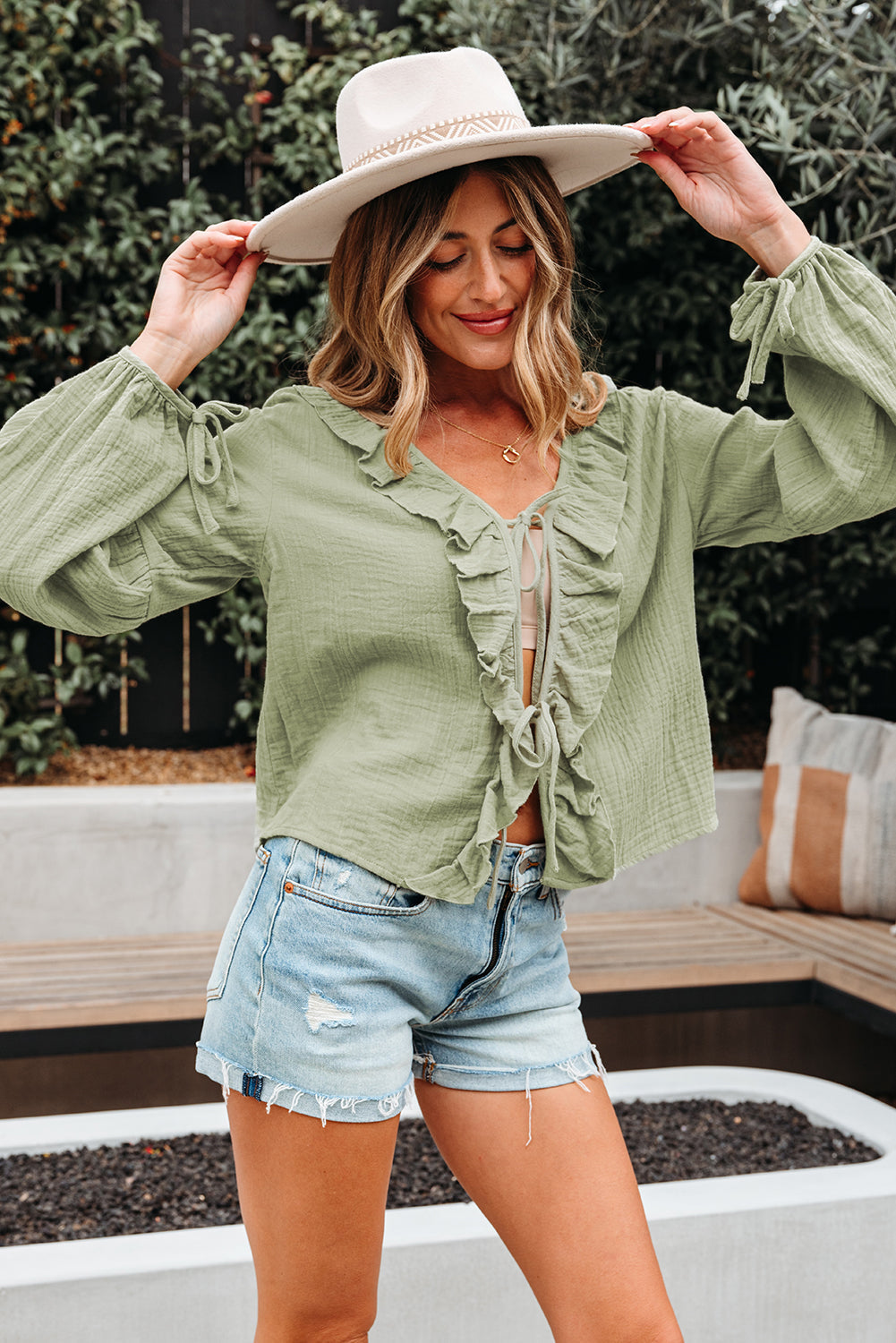 Meadow Mist Green Bow Tie Front Ruffle Trim V Neck Long Sleeve Gauze Blouse