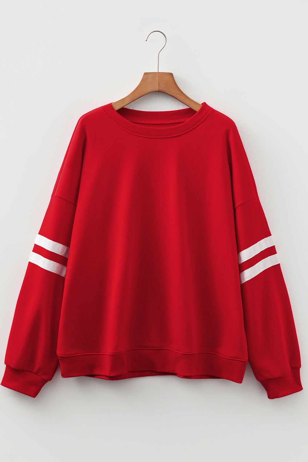 Light Grey Varsity Striped Detail Crew Neck Plus Sweatshirt
