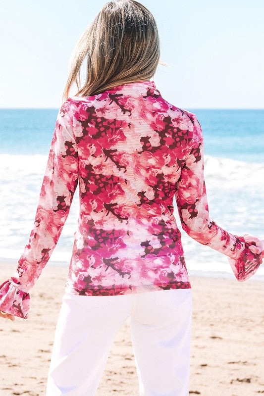 Rose Floral Mesh Flounce Sleeve Mock Neck Blouse