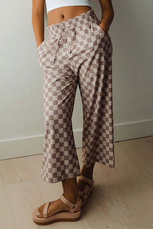 Khaki Tie Elastic Waist Checkered Loose Pants