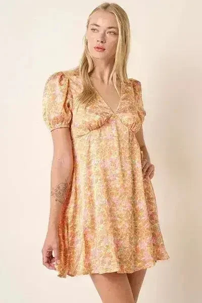 Printed Puff Sleeve Mini Dress - Trendy V-Neck Style | Femstylo