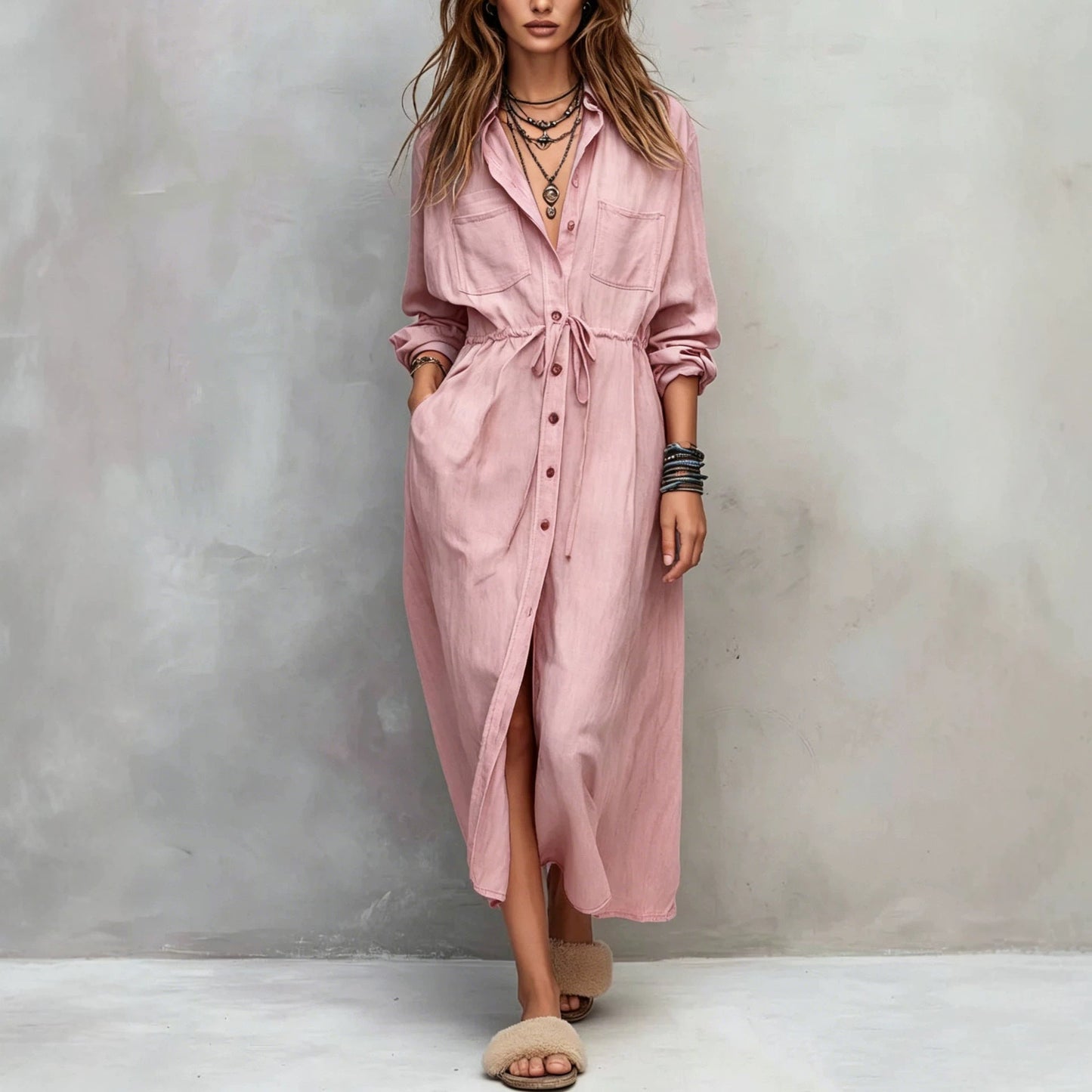 Women's Drawstring Waist Shirt Dress – Long Sleeve A-Line Midi