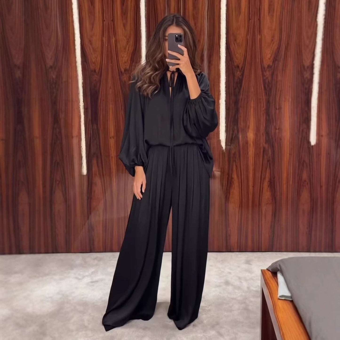 Women's V-Neck Lace-Up Bishop Sleeve Wide-Leg Pants Set