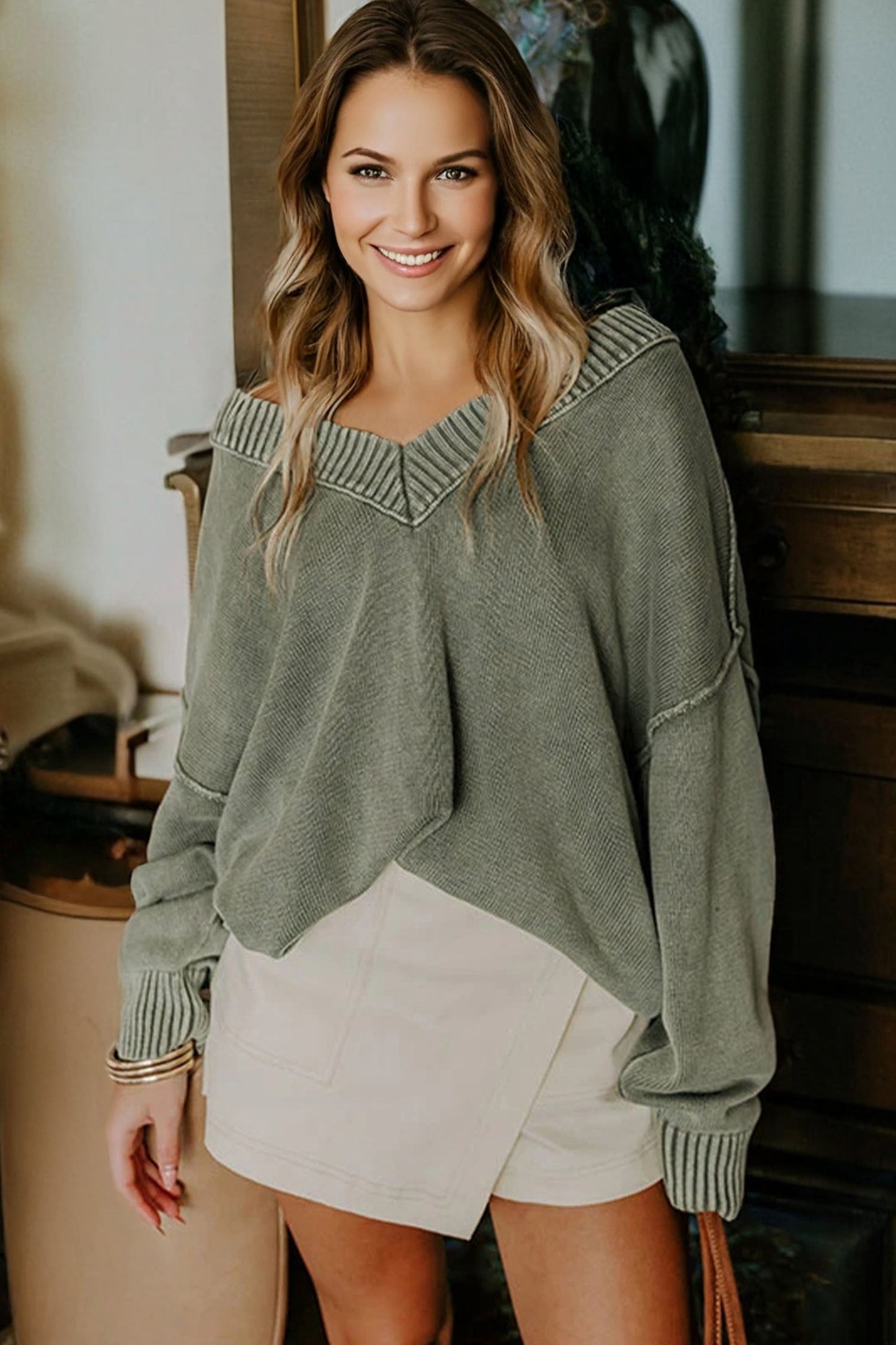 Black Mineral Wash V Neck Knit Exposed Seam Drop Shoulder Loose Sweater