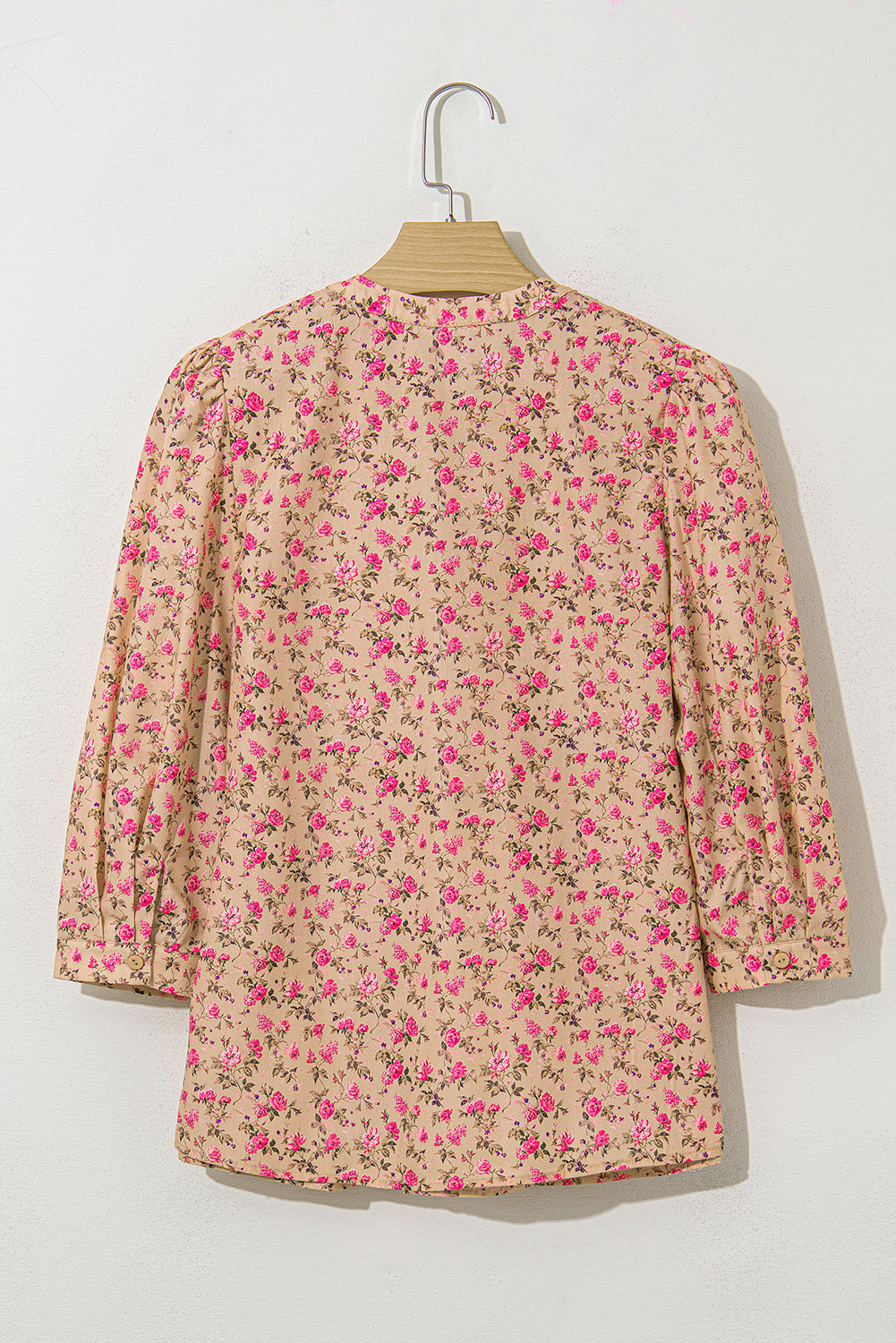 Light French Beige Floral Print Bow Pintuck Bust Half Puff Sleeve Blouse Top
