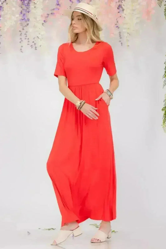 Round Neck Short Sleeve Maxi Dress with Pockets Plus - Femstylo