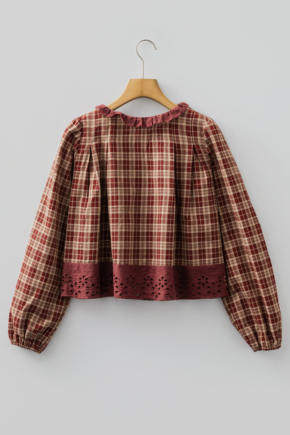 Red Dahlia Plaid Eyelet Lace Trim Button Down Loose Long Sleeve Shirt