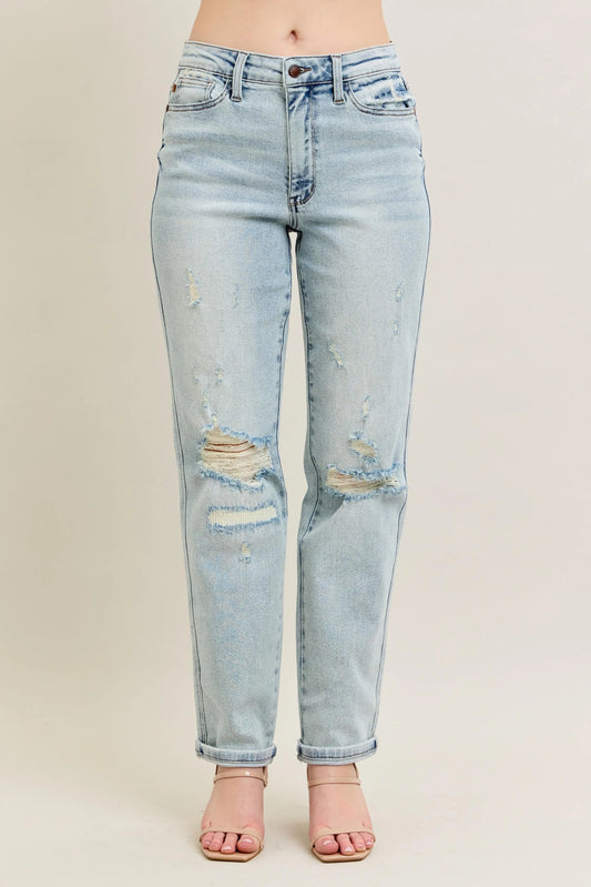 Judy Blue Full Size Mr Repair Stitch Detail Destroy Single Cuff Bf Jeans Plus Size