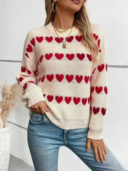 Heart Print Sweater - Oversized Round Neck Knit Top | Femstylo