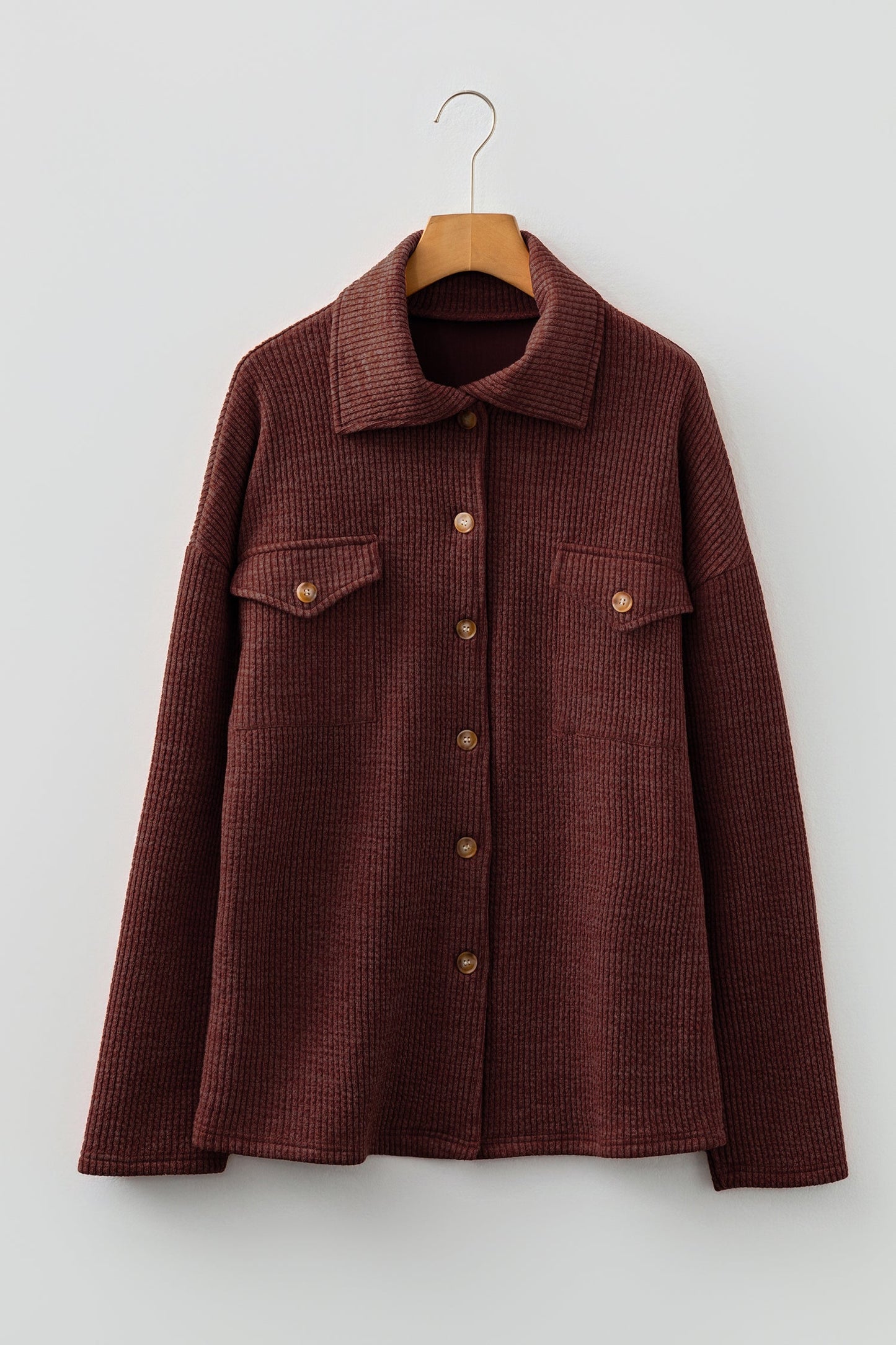 Red Sandalwood Ribbed Knit Buttons Front Flap Pocket Casual Shacket