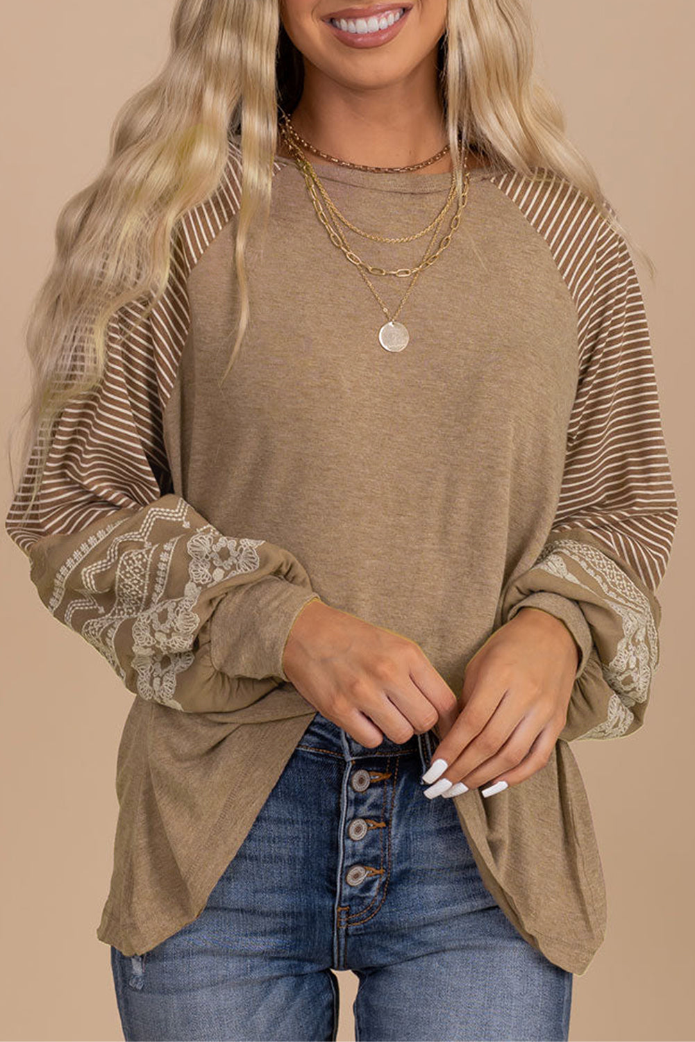 Tillandsia Purple Contrast Print Striped Raglan Long Sleeve Loose Top