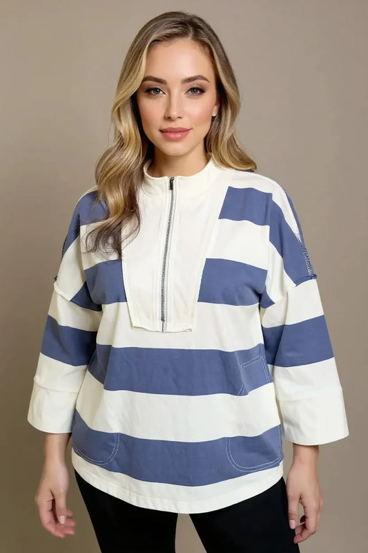 Oh Pima Cotton Wash Striped Half Zip Mock Neck Long Sleeve Top