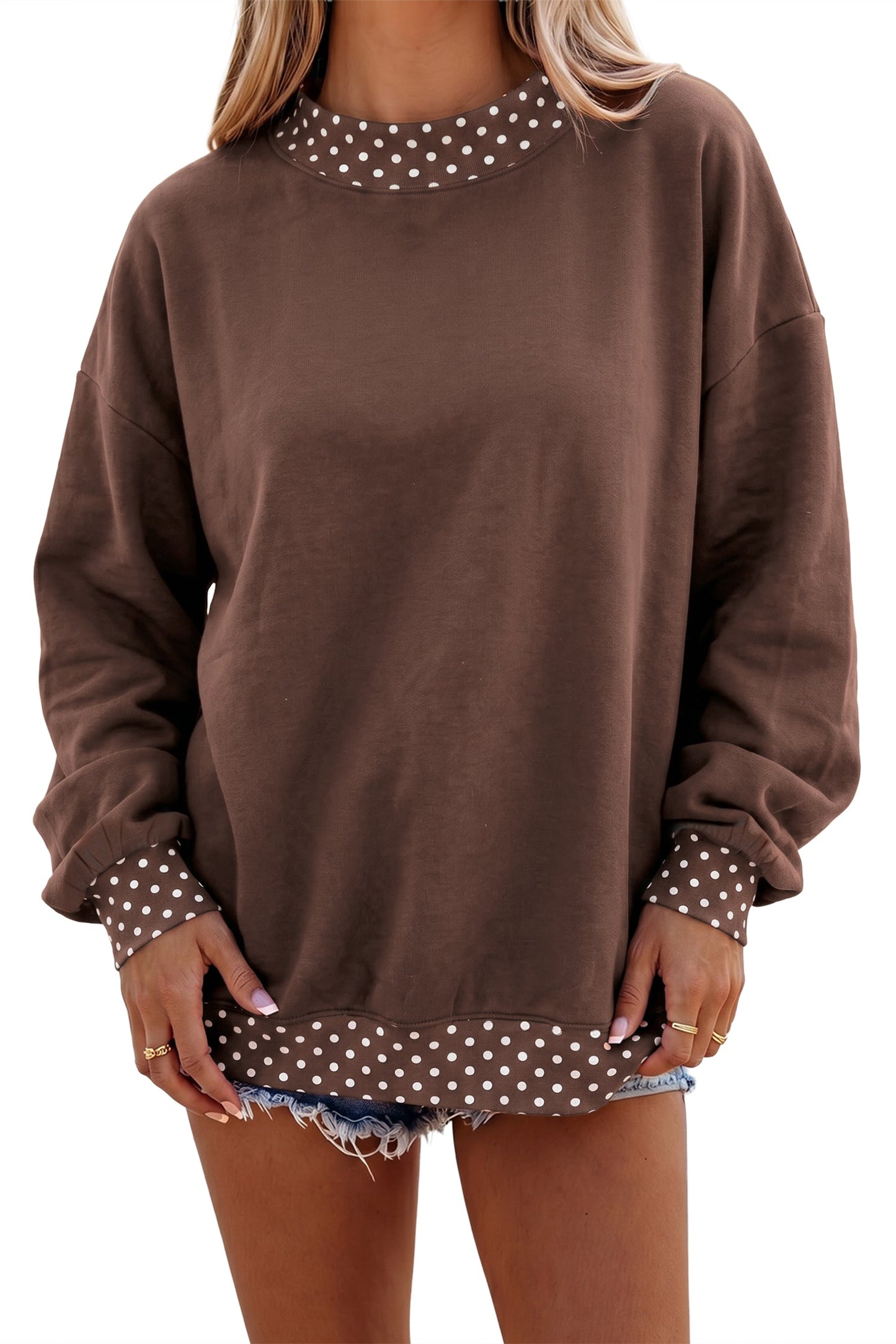 Brown Colorblock Polka Dot Contrast Trim Oversized Sweatshirt