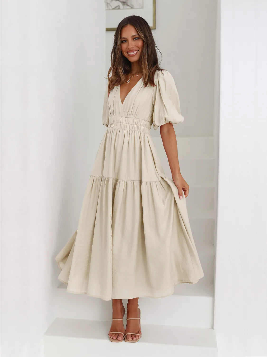 Tiered Surplice Half Sleeve Midi Dress