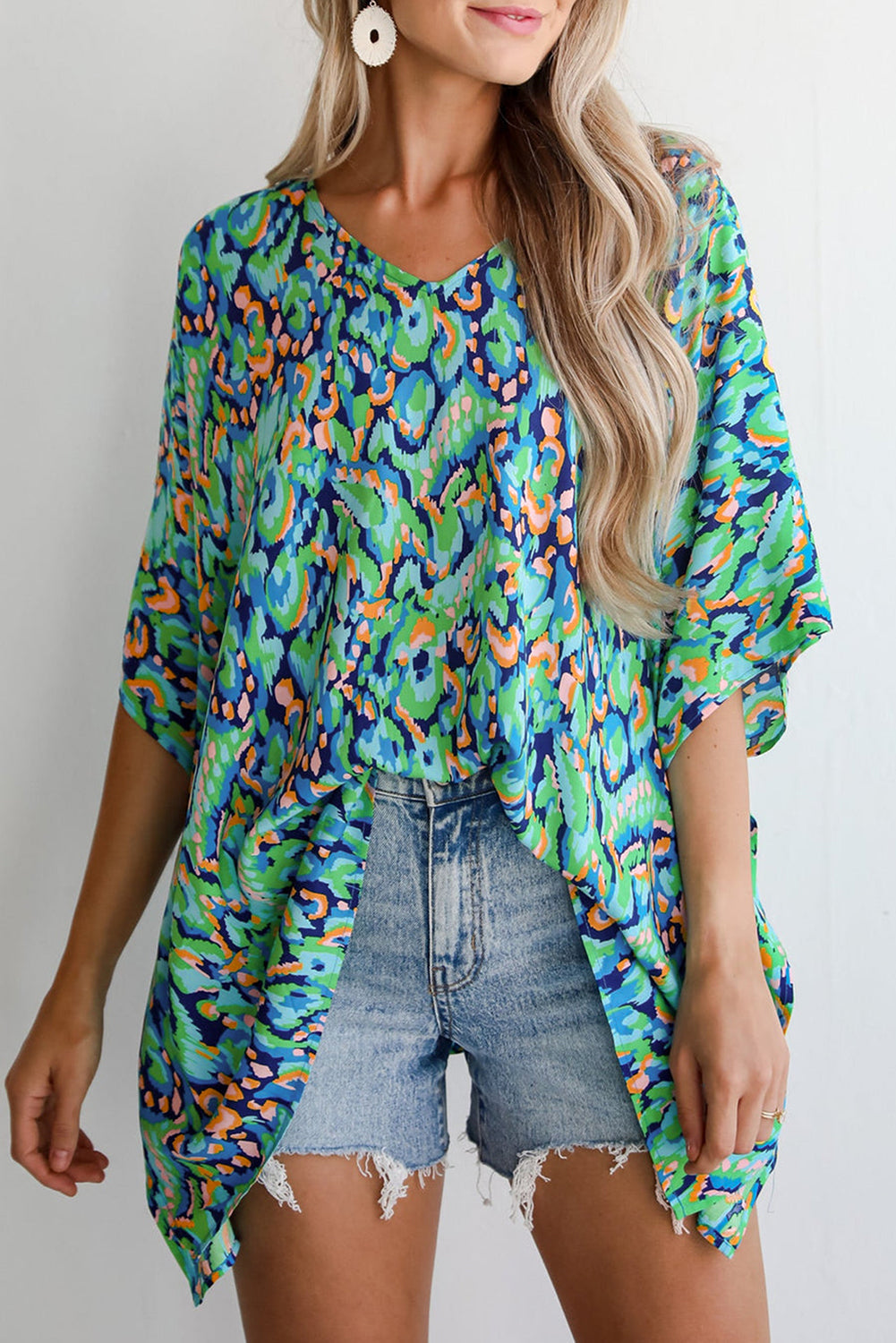 Pink Abstract Print V Neck Half Sleeve Loose Fit Tunic Blouse