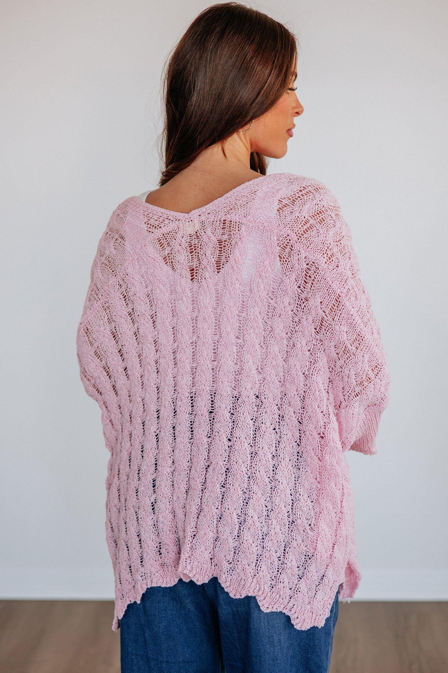 Old Rose Drop Shoulder Crochet Knit Open Front Cardigan