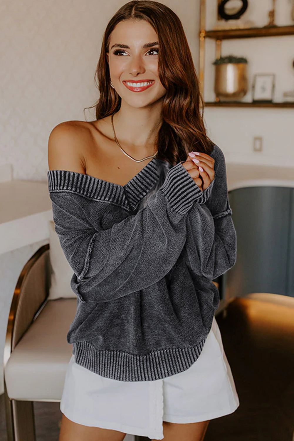 Four Leaf Clover Mineral Wash V Neck Knit Exposed Seam Drop Shoulder Loose Sweater