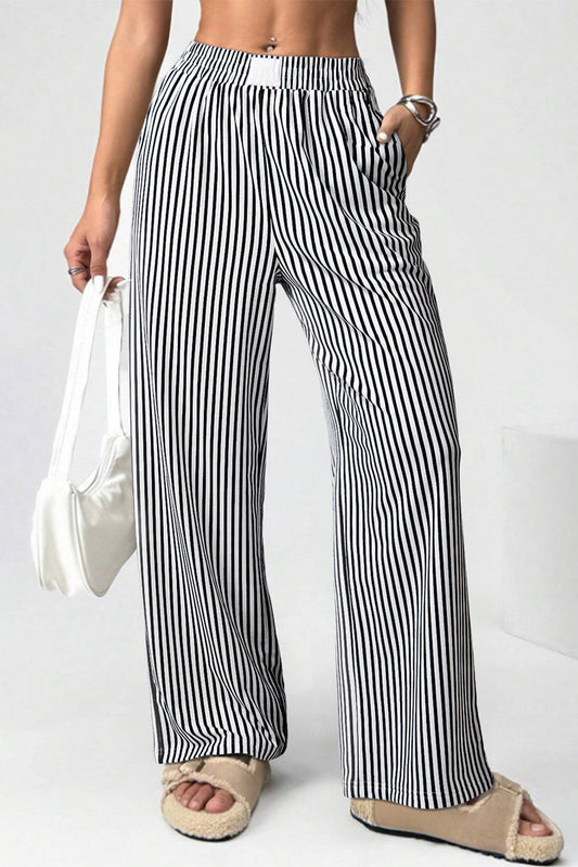 Black Stripe Elastic High Waist Pocketed Loose Pants