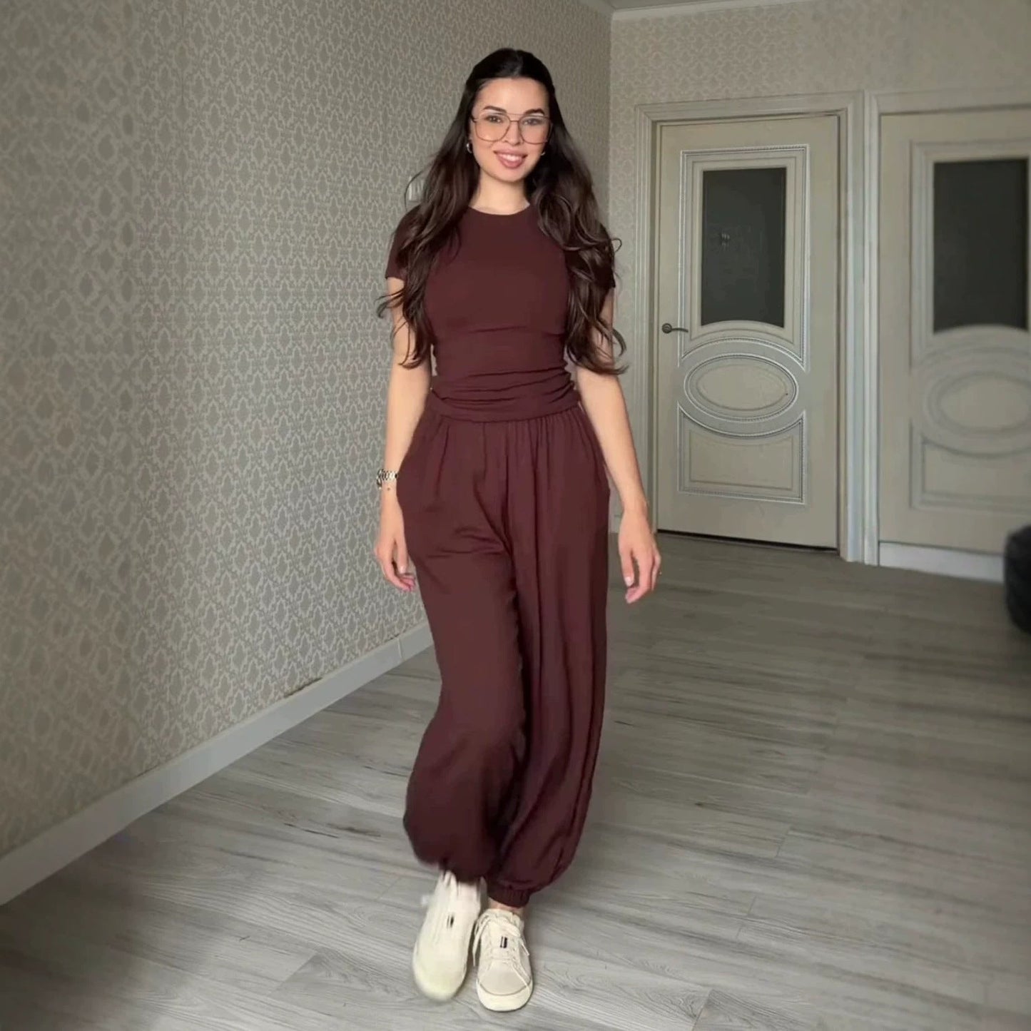Women's Short Sleeve Fitted Tee & Wide-Leg Harem Pants Set