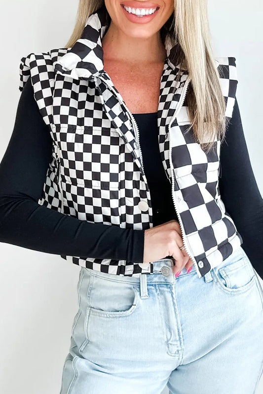 Black Double Checked Stand Collar Cropped Puffer Vest