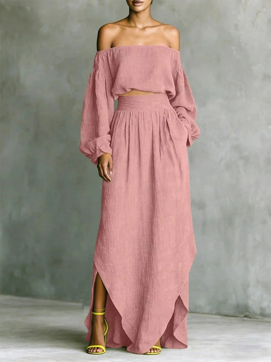 Off-Shoulder Top & Asymmetrical Maxi Skirt Set – Women's 2-Piece Outfit
