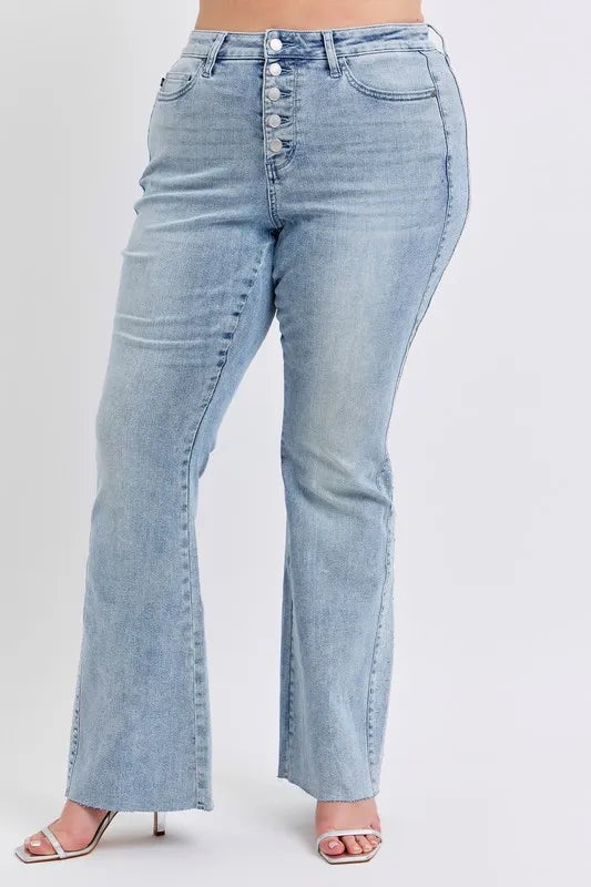 Judy Blue Full Size Mid Rise Rhinestone Side Panel Detail Flare Jeans Plus Size