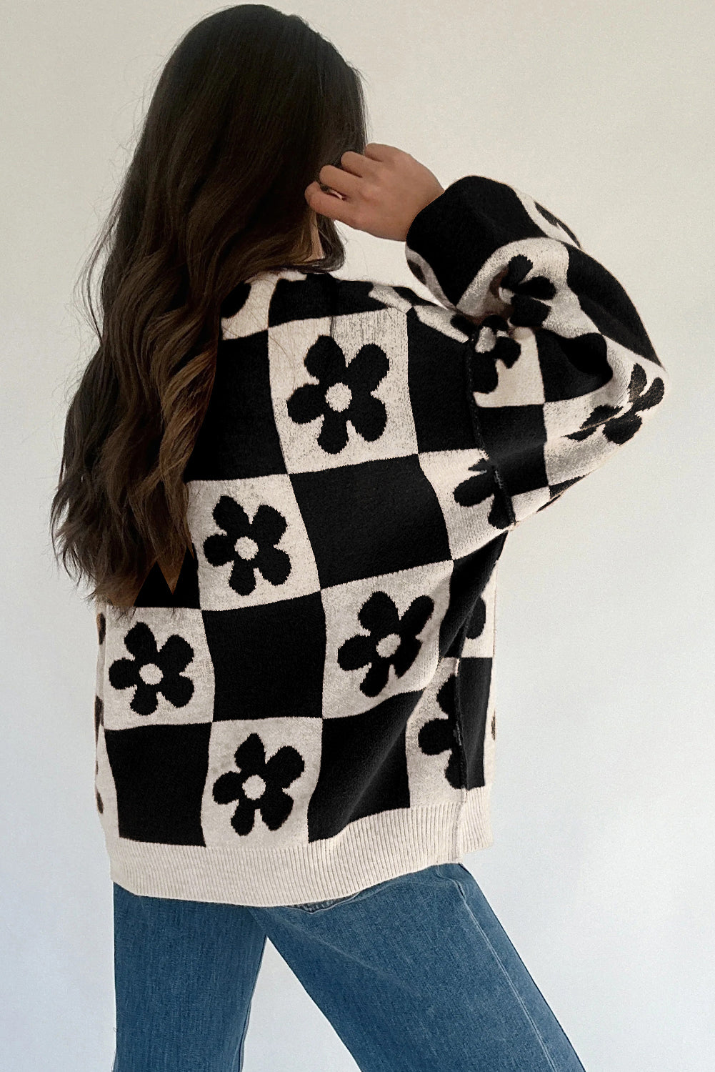 Thai Curry Flower Plaid Henley Baggy Sweater