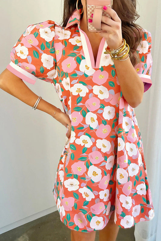 Fresh Salmon Floral Print Puff Sleeve Pop of Color Neckline Dress
