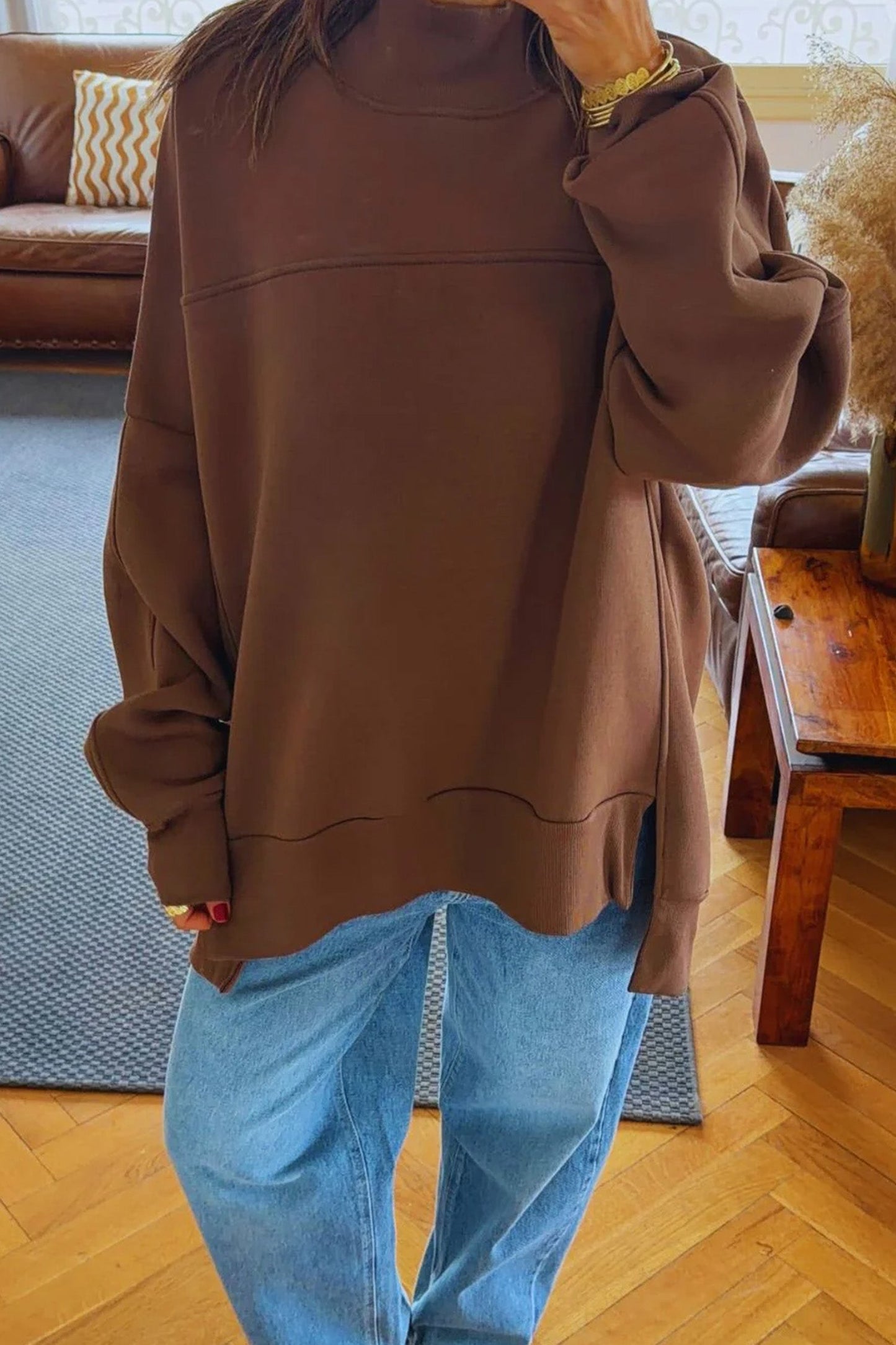 Coffee Solid Color Oversized Mock Neck Split Hem Tunic Sweatshirt