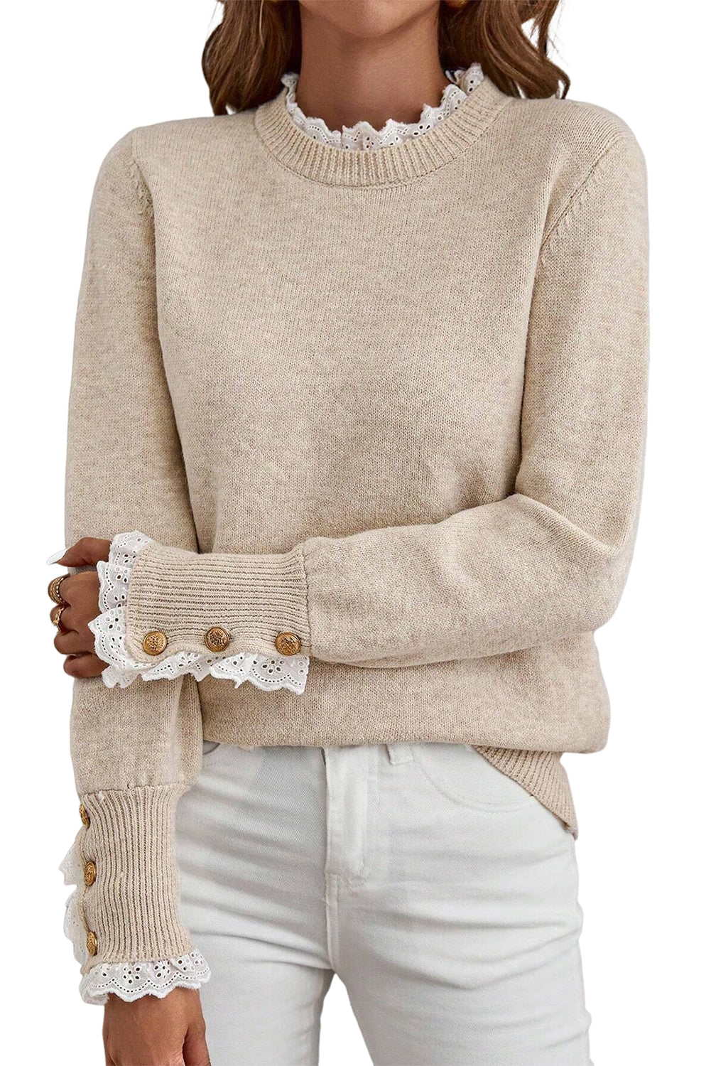 Racing Red Lace Trim Patchwork Buttoned Cuffs Loose Sweater