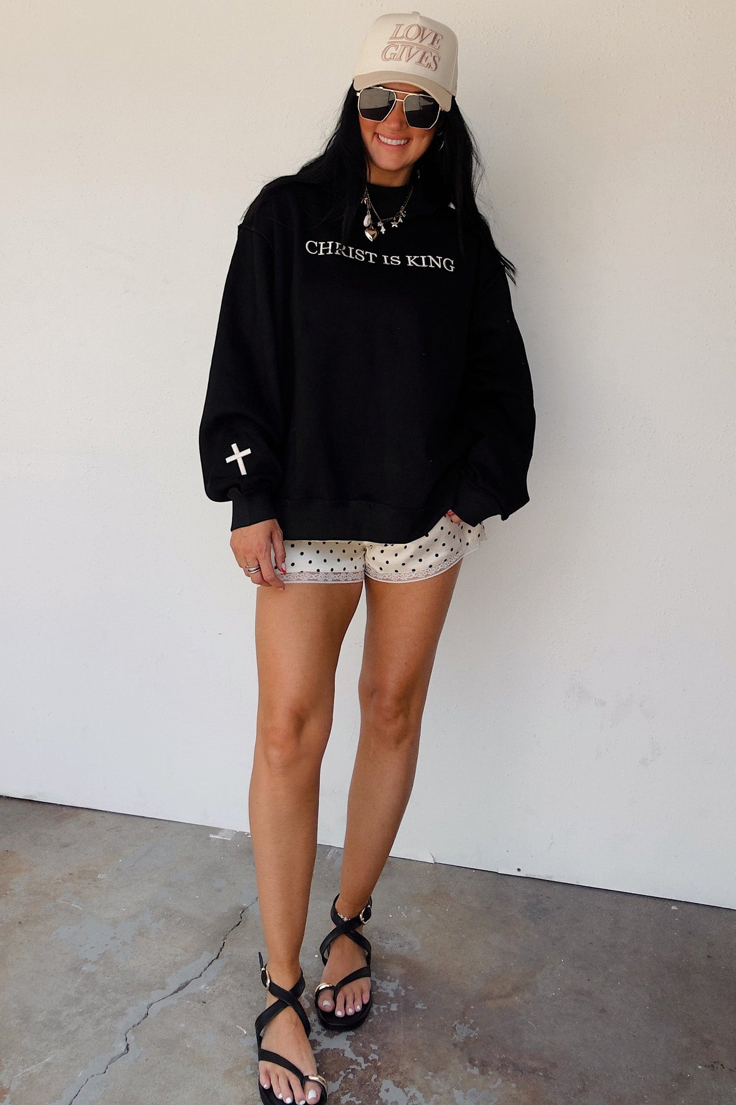 Beige CHRIST IS KING Embroidery High Neck Baggy Sweatshirt