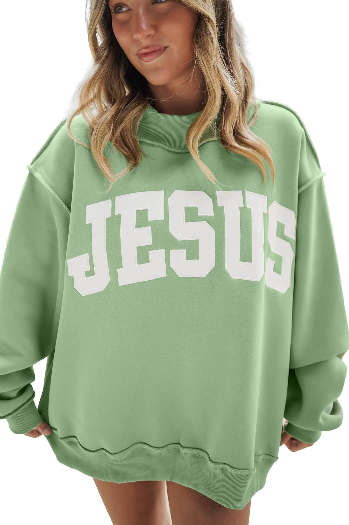 Orchid Bouquet JESUS Letter Print Exposed Seam Mock Neck Baggy Sweatshirt