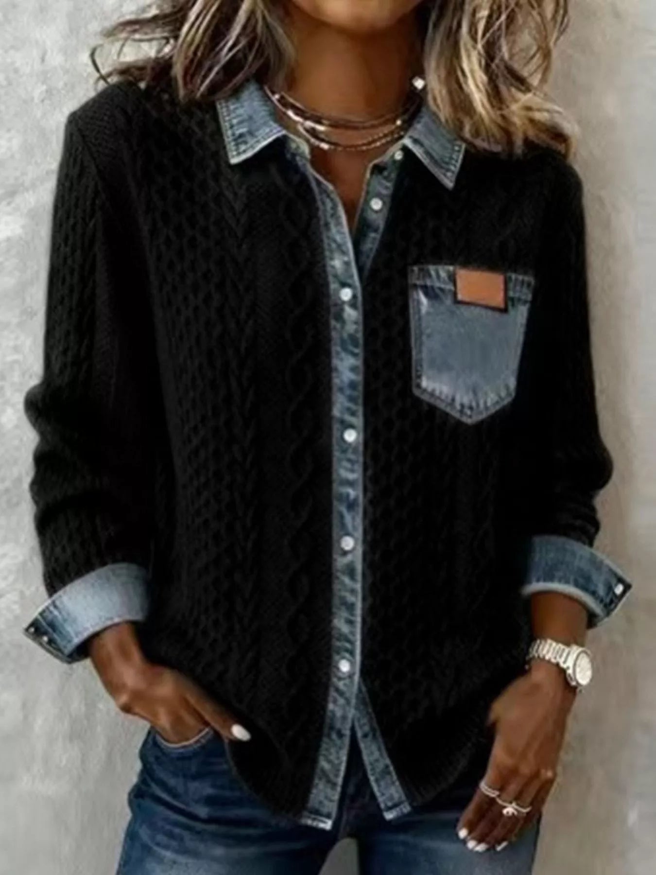 Denim Trim Cable Knit Cardigan