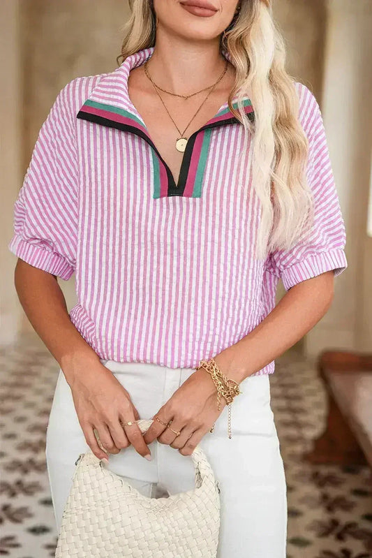 Sachet Pink Striped Dolman Sleeve Color Neckline Blouse | Femstylo