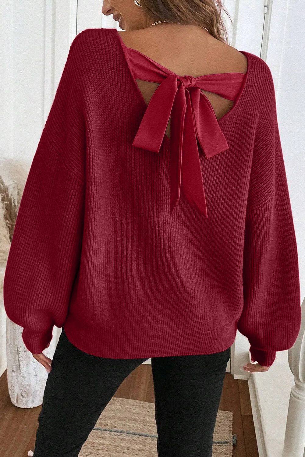 Jet Stream Ribbed Knit Ribbon Knot Backless Drop Shoulder Sweater