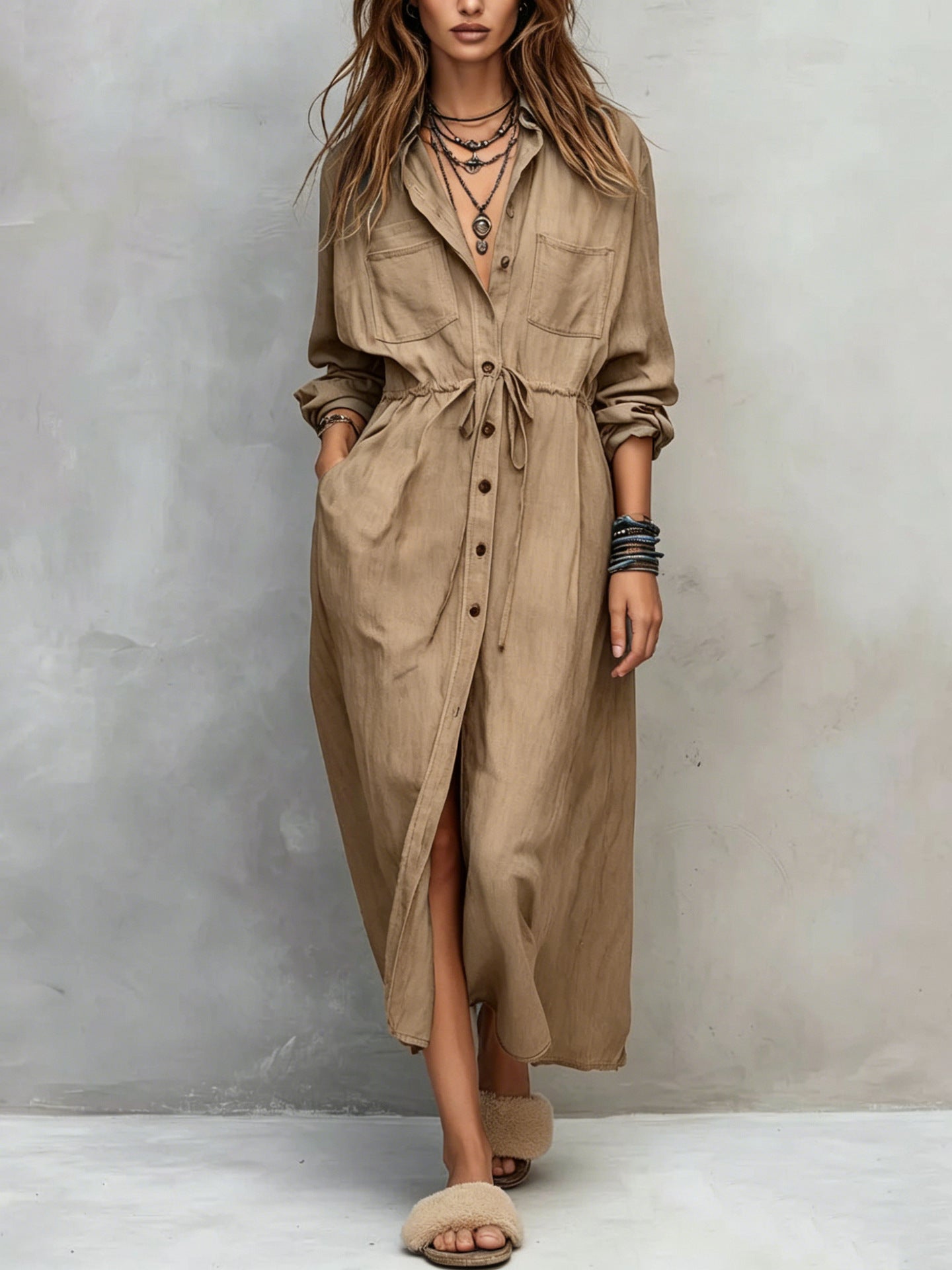 Women's Drawstring Waist Shirt Dress – Long Sleeve A-Line Midi