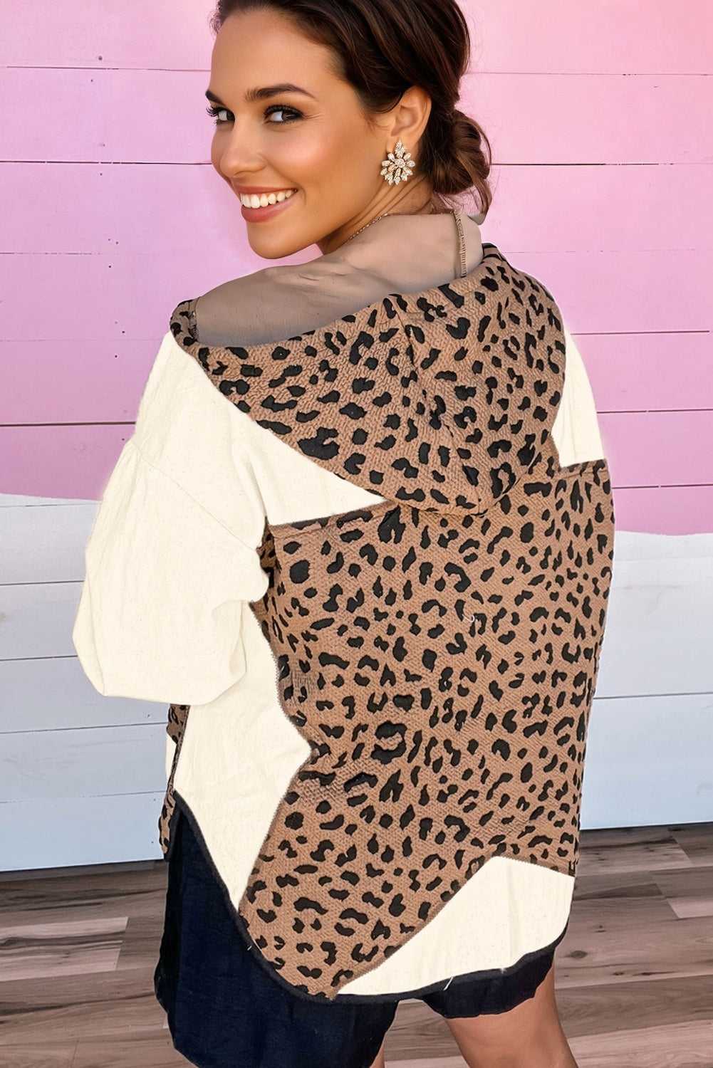 Brown Leopard Star Hooded Patchwork Contrast Piping Open Front Jacket