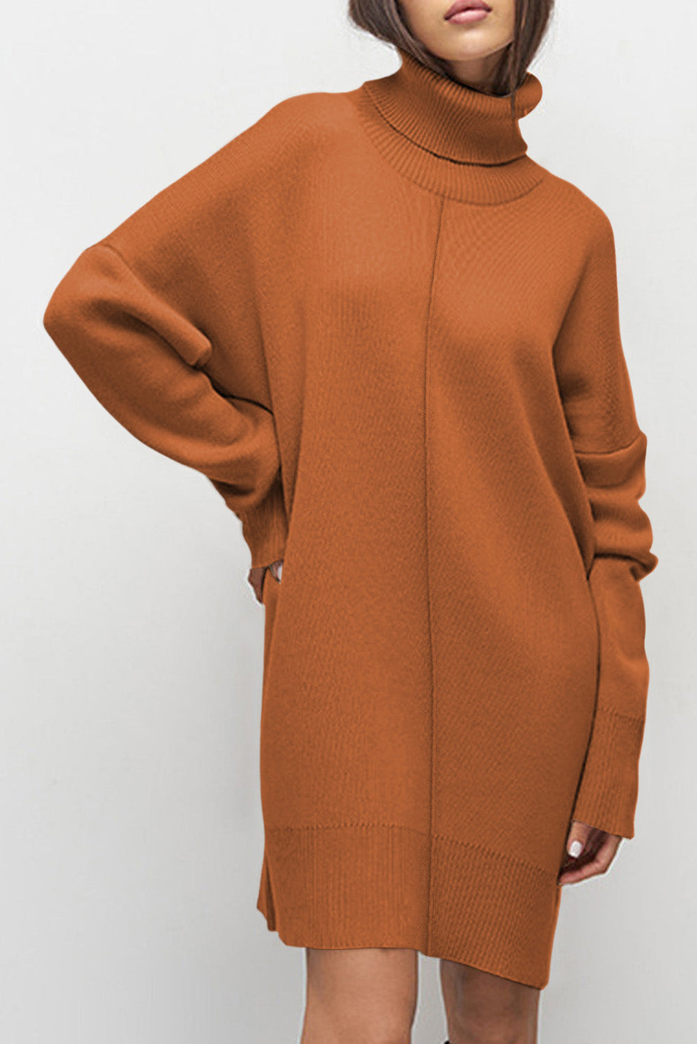 Black Solid Color Turtleneck Drop Shoulder Loose Sweater Dress