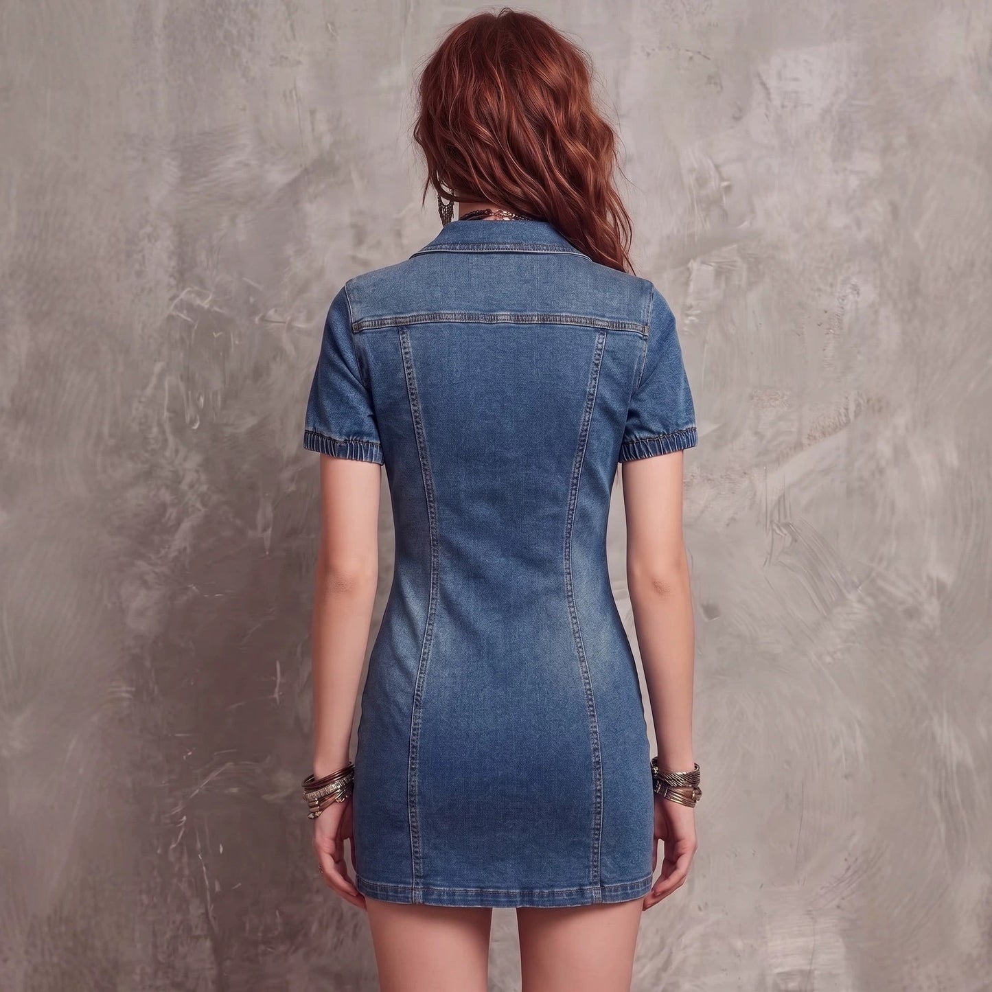 Women's Elastic Fitted Denim Mini Dress – Zipper Pocket Pencil Dress