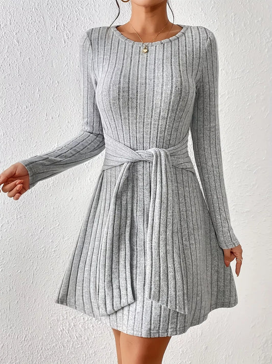 Ribbed Knit Tie Waist Long Sleeve Casual Dress