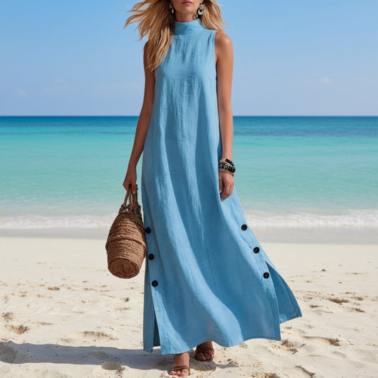 Cotton Linen Sleeveless Midi Dress – Side Slits & Loose Fit